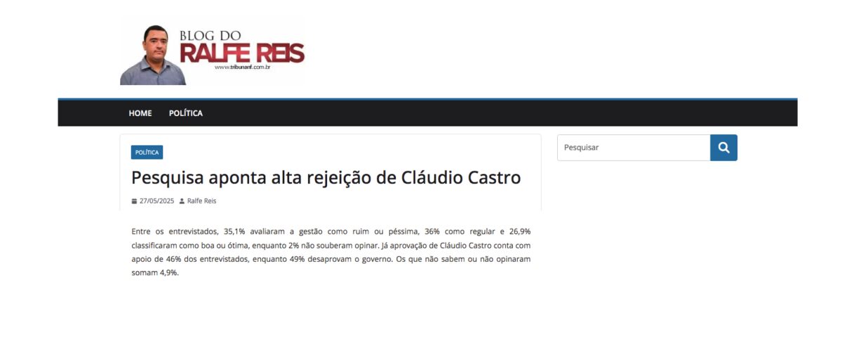 Tribuna NF cita pesquisa realizada pela Paraná Pesquisas no Estado do Rio de Janeiro.