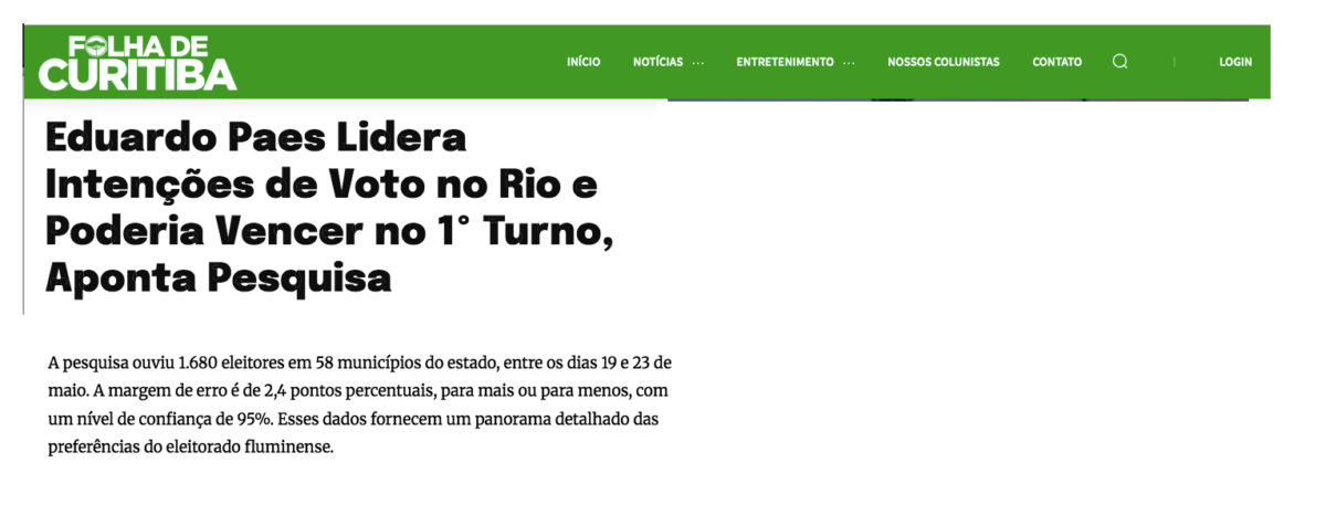 Folha de Curitiba cita pesquisa realizada pela Paraná Pesquisas no Estado do Rio de Janeiro.