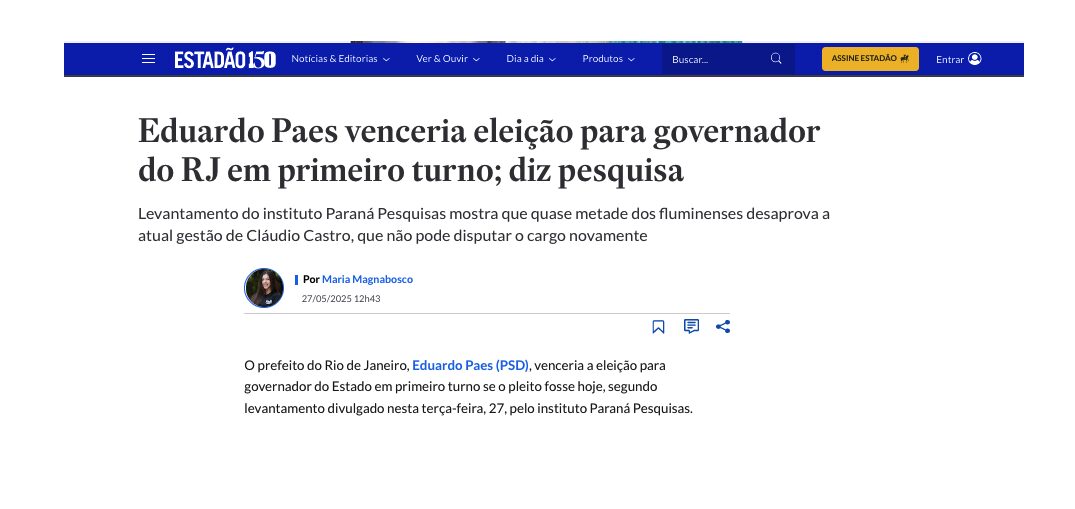 Estadão cita pesquisa realizada pela Paraná Pesquisas no Estado do Rio de Janeiro.