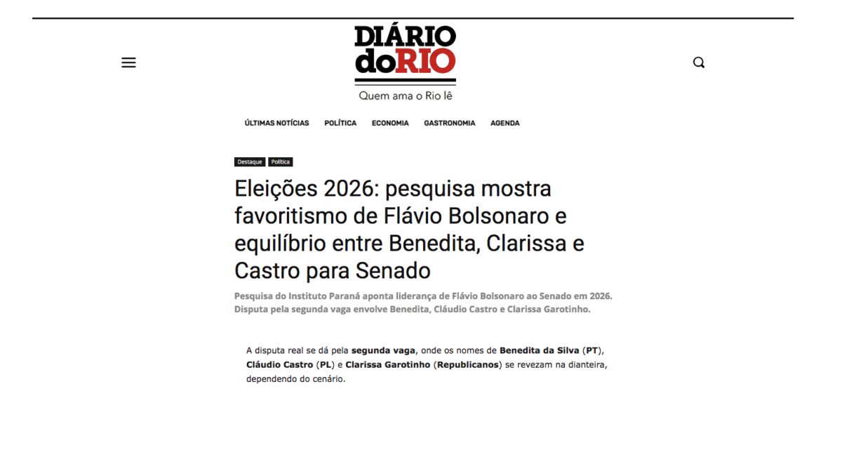 Diário do Rio cita pesquisa realizada pela Paraná Pesquisas no Estado do Rio de Janeiro. 2 Diário do Rio cita pesquisa realizada pela Paraná Pesquisas no Estado do Rio de Janeiro.
