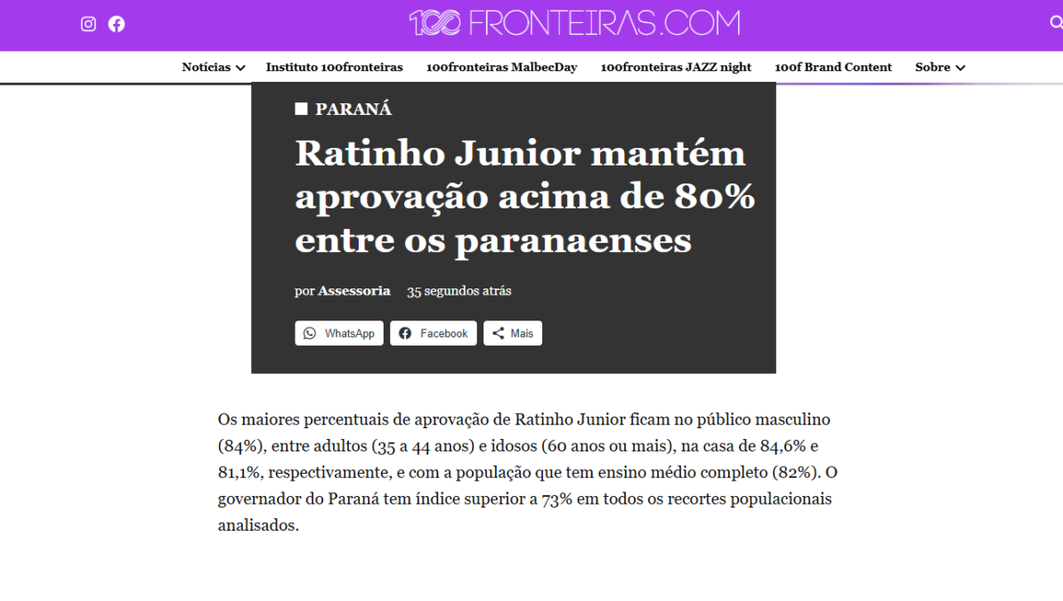 100 Fronteiras cita pesquisa realizada pela Paraná Pesquisas no Estado do Paraná.