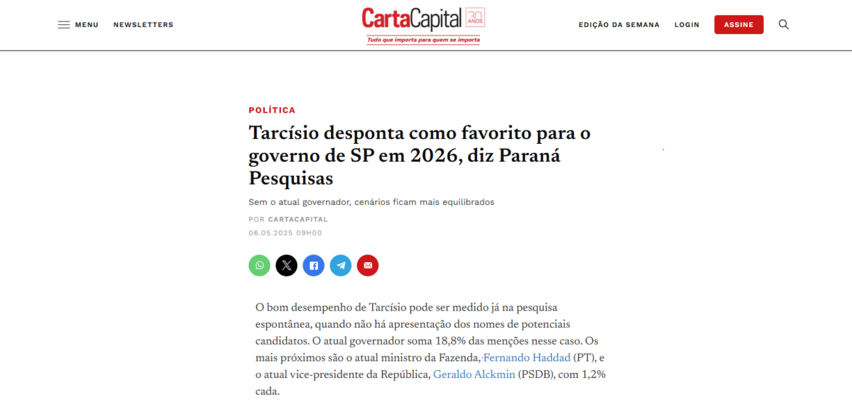 Carta Capital cita pesquisa realizada pela Paraná Pesquisas.