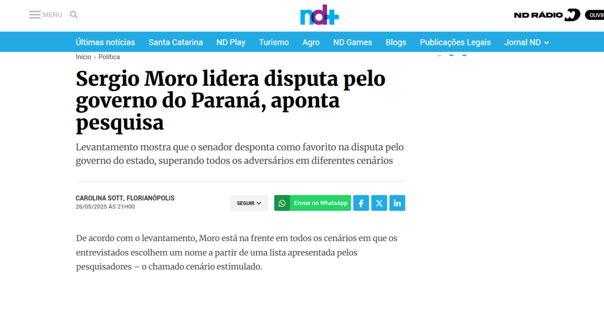 ND Mais cita pesquisa realizada pela Paraná Pesquisas no Estado do Paraná.