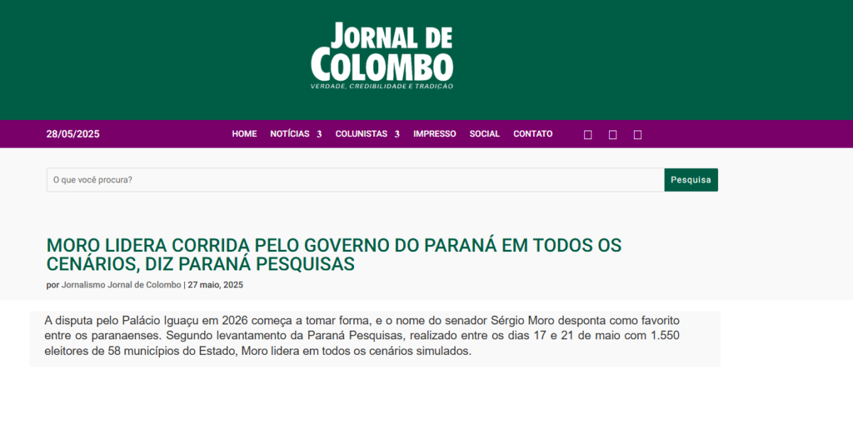Jornal de Colombo cita pesquisa realizada pela Paraná Pesquisas no Estado do Paraná.