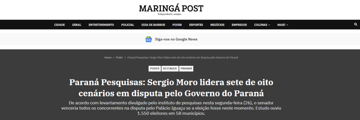 Maringá Post cita pesquisa realizada pela Paraná Pesquisas no Estado do Paraná. 2 Maringá Post cita pesquisa realizada pela Paraná Pesquisas no Estado do Paraná.