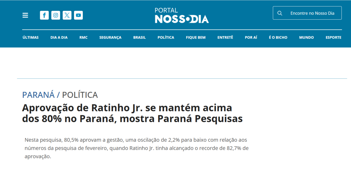 Portal Nosso Dia cita pesquisa realizada pela Paraná Pesquisas no Estado do Paraná. 2 Portal Nosso Dia cita pesquisa realizada pela Paraná Pesquisas no Estado do Paraná.