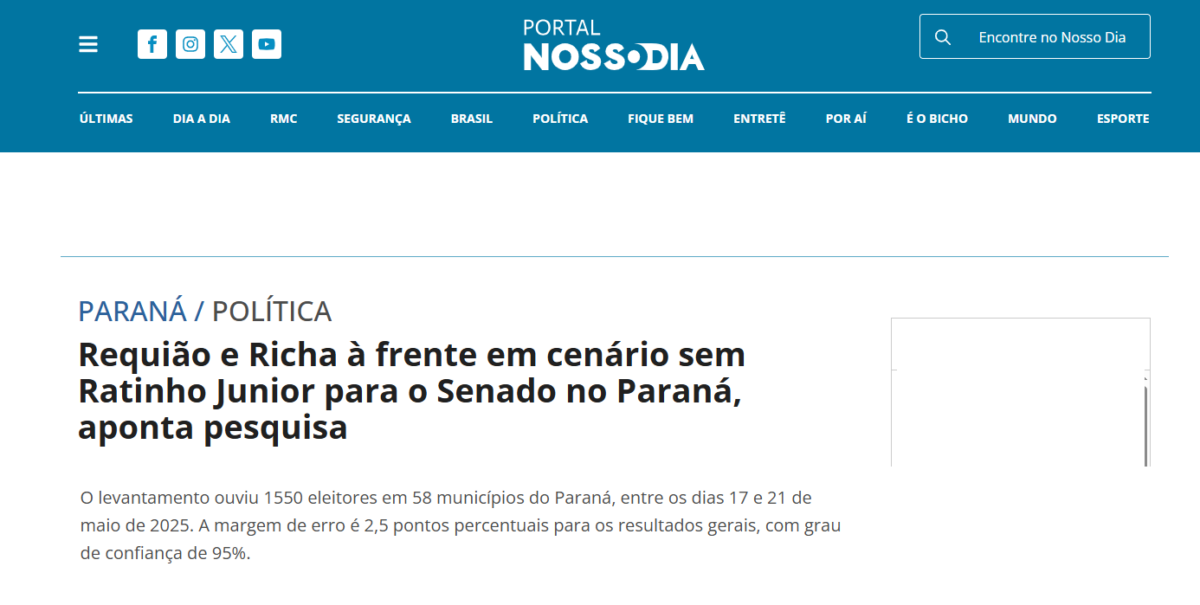 Portal Nosso Dia cita pesquisa realizada pela Paraná Pesquisas no Estado do Paraná.
