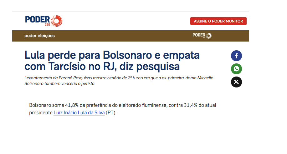 Poder 360 cita pesquisa realizada pela Paraná Pesquisas no Estado do Rio de Janeiro.