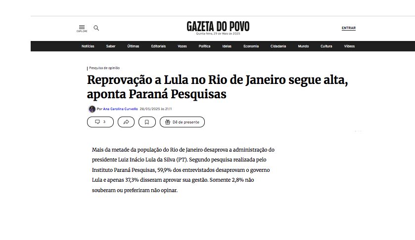 Gazeta do Povo cita pesquisa realizada pela Paraná Pesquisas no Estado do Rio de Janeiro.