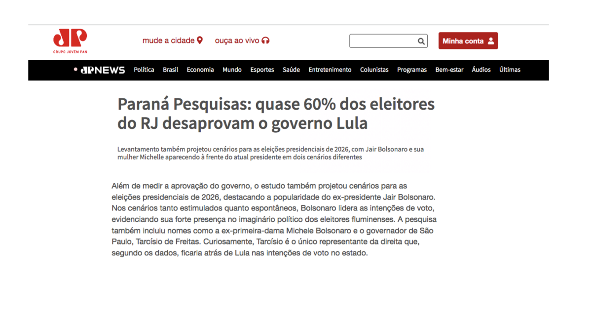 Jovem Pan cita pesquisa realizada pela Paraná Pesquisas no Estado do Rio de Janeiro.