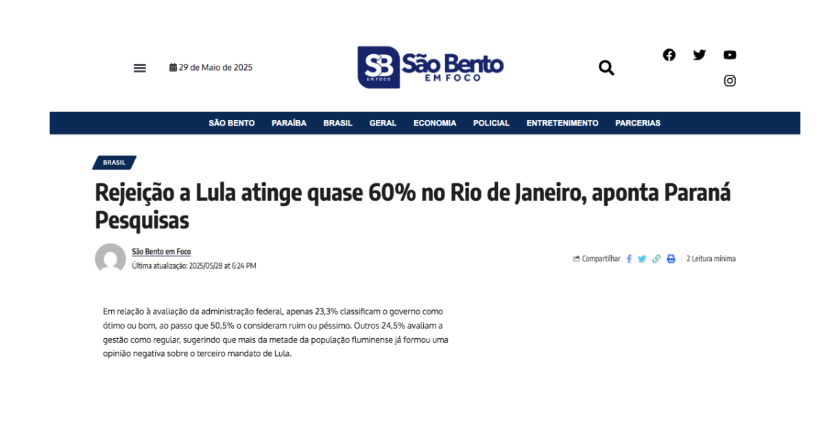São Bento em Foco cita pesquisa realizada pela Paraná Pesquisas no Estado do Rio de Janeiro.