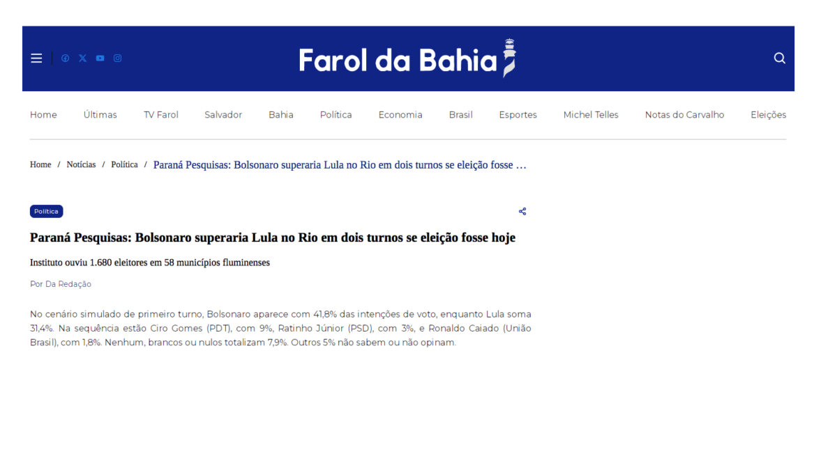 Farol da Bahia cita pesquisa realizada pela Paraná Pesquisas no Estado do Rio de Janeiro.