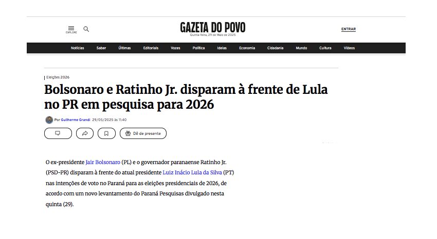 Gazeta do Povo cita pesquisa realizada pela Paraná Pesquisas no Estado do Paraná.