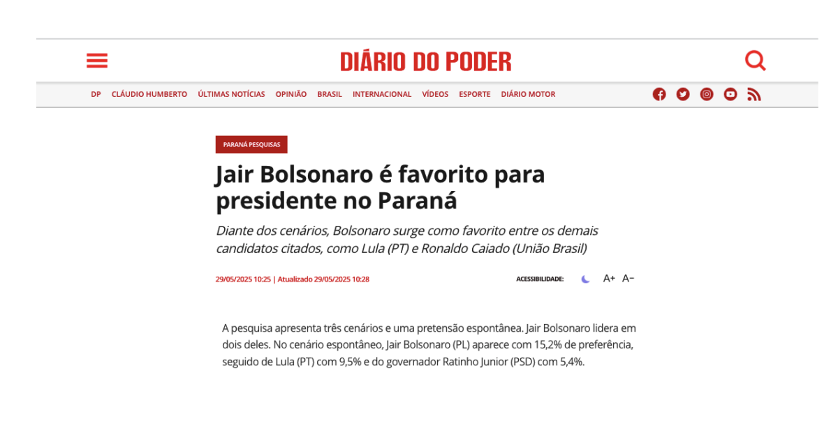 Diária do Poder cita pesquisa realizada pela Paraná Pesquisas no Estado do Paraná.