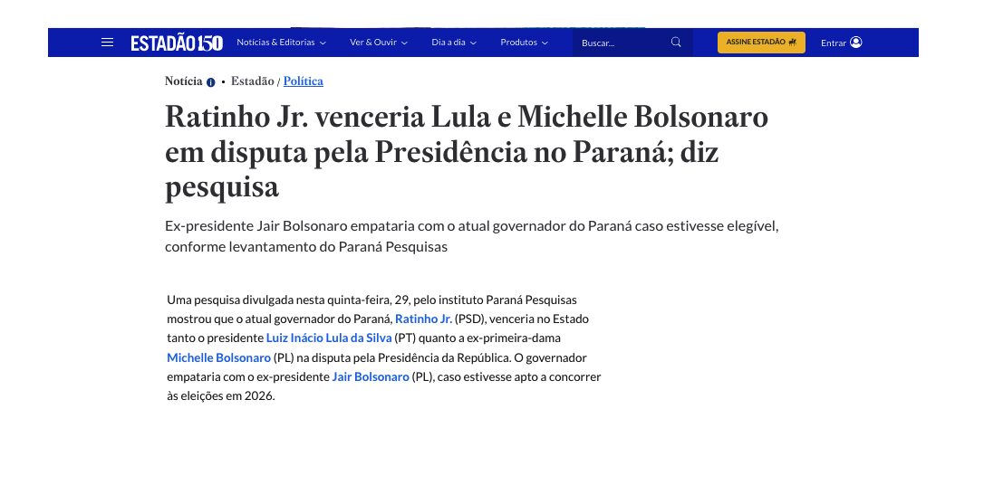 Estadão cita pesquisa realizada pela Paraná Pesquisas no Estado do Paraná.
