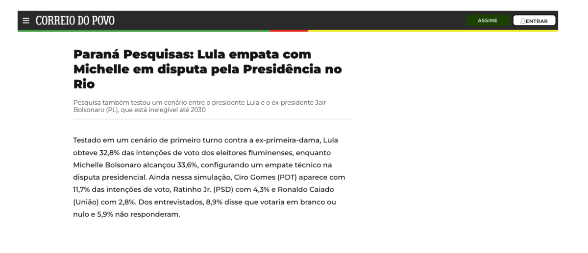 Correio do Povo cita pesquisa realizada pela Paraná Pesquisas no Estado do Rio de Janeiro. 2 Correio do Povo cita pesquisa realizada pela Paraná Pesquisas no Estado do Rio de Janeiro.