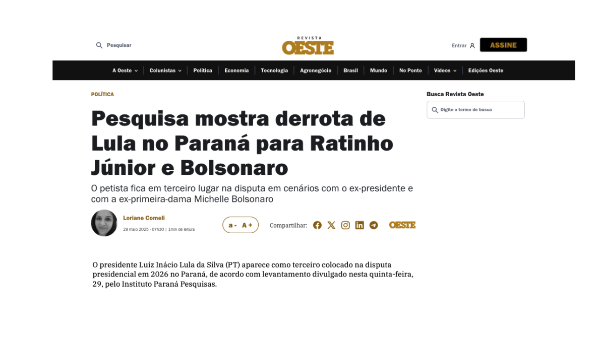 Revista Oeste cita pesquisa realizada pela Paraná Pesquisas no Estado do Rio de Janeiro.