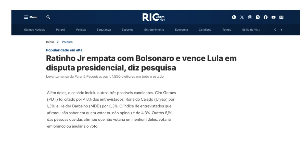 RIC cita pesquisa realizada pela Paraná Pesquisas no Estado do Rio de Janeiro.