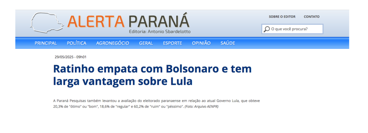 Alerta Paraná cita pesquisa realizada pela Paraná Pesquisas no Estado do Paraná.