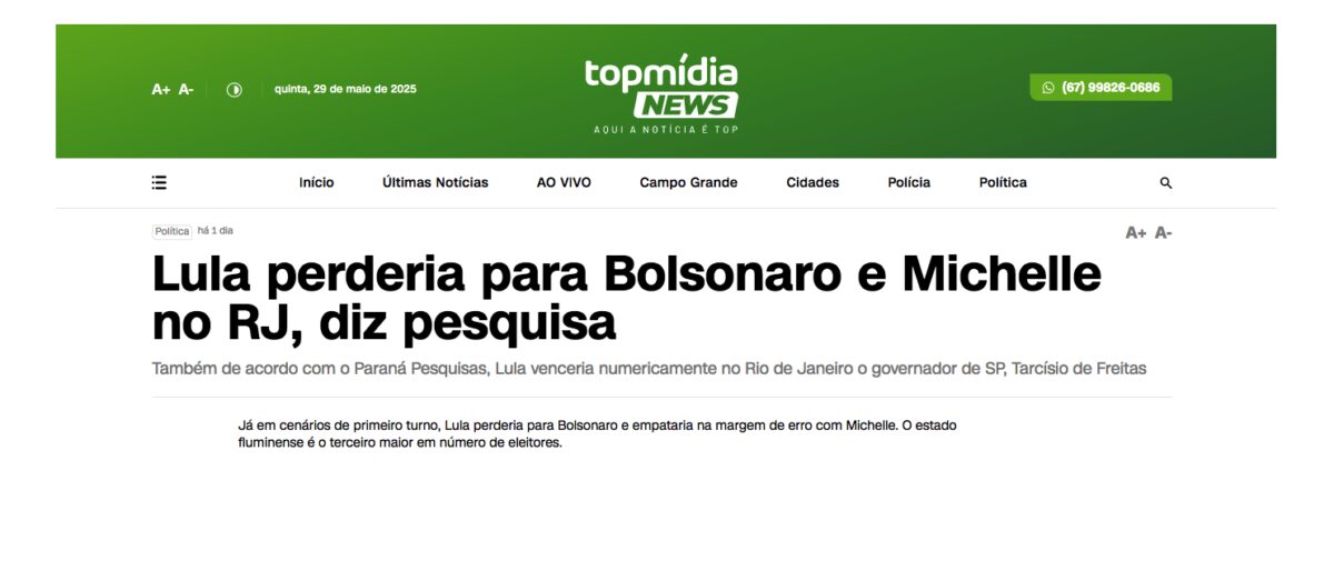 Top Mídia News cita pesquisa realizada pela Paraná Pesquisas no Estado do Rio de Janeiro.
