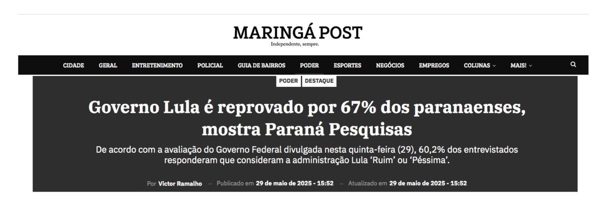 Maringá Post cita pesquisa realizada pela Paraná Pesquisas no Estado do Paraná.