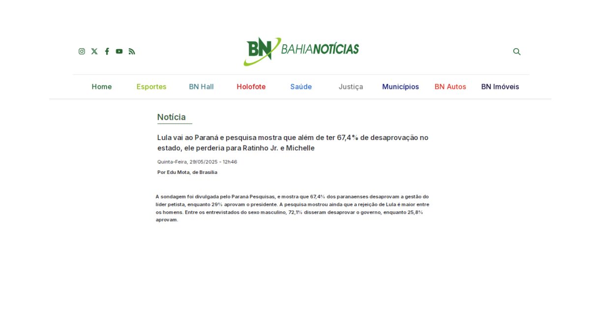 Bahia Notícias cita pesquisa realizada pela Paraná Pesquisas no Estado do Paraná.