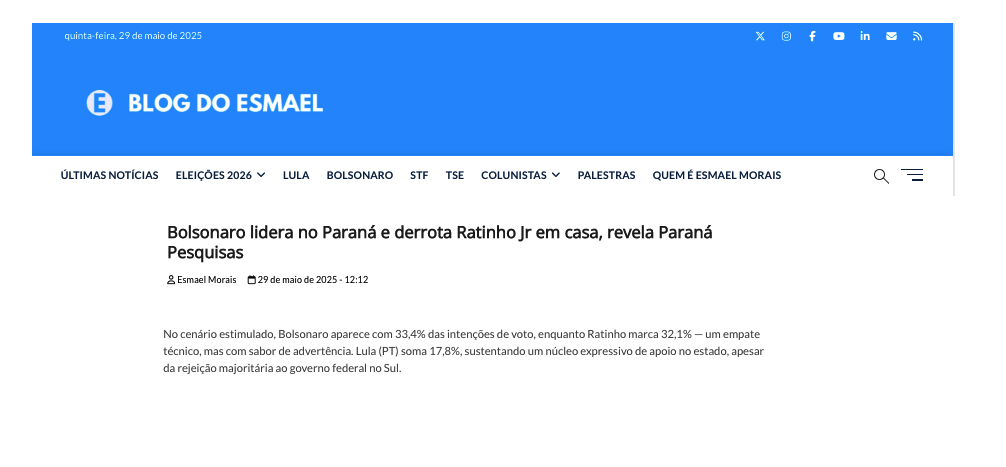 Blog do Esmael cita pesquisa realizada pela Paraná Pesquisas no Estado do Paraná.