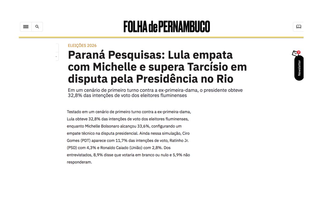 Folha PE cita pesquisa realizada pela Paraná Pesquisas no Estado do Paraná.