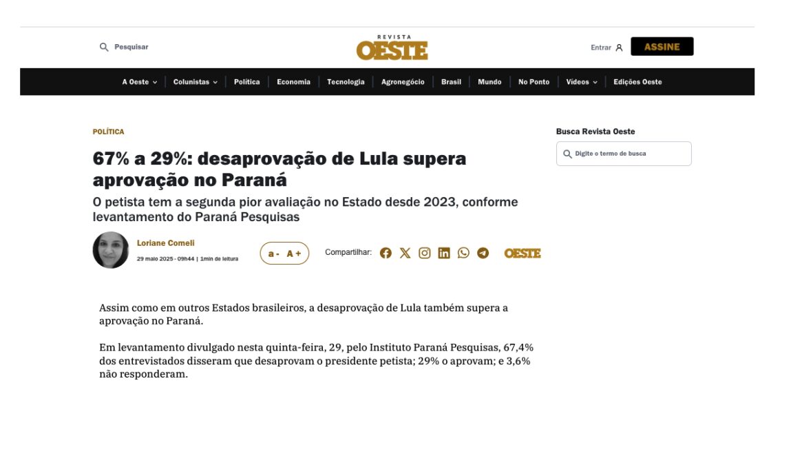 Revista Oeste cita pesquisa realizada pela Paraná Pesquisas no Estado do Paraná.