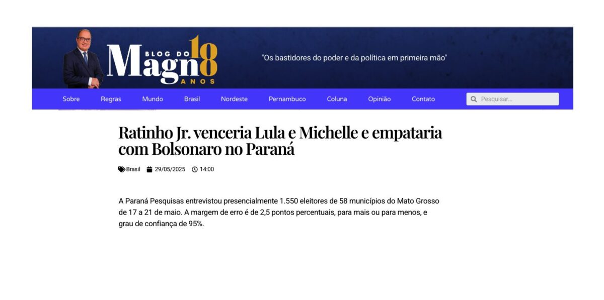 Blog do Magdo cita pesquisa realizada pela Paraná Pesquisas no Estado do Paraná.
