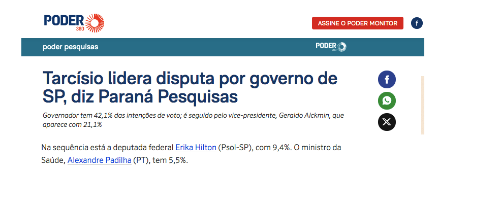 Poder 360 cita pesquisa realizada pela Paraná Pesquisas.