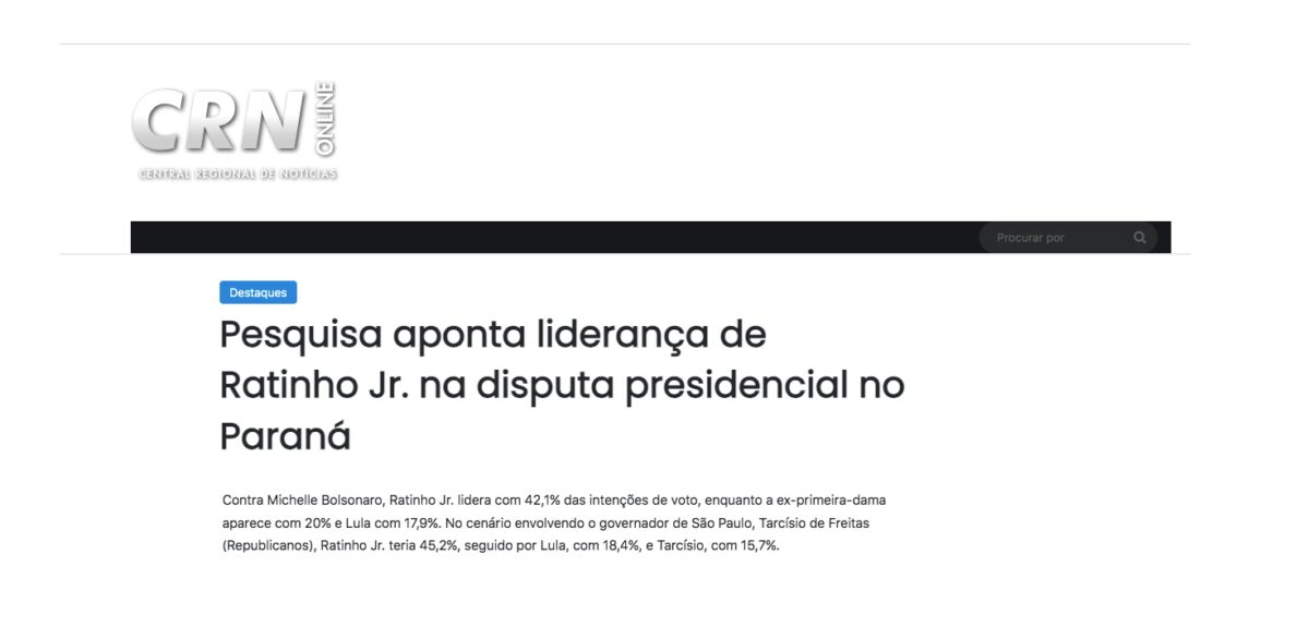 CRN cita pesquisa realizada pela Paraná Pesquisas no Estado do Paraná.