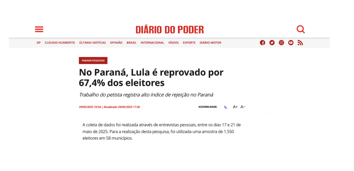 Diário do Poder cita pesquisa realizada pela Paraná Pesquisas no Estado do Paraná.
