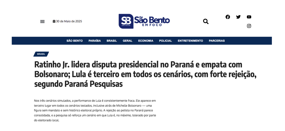 São Bento em Foco cita pesquisa realizada pela Paraná Pesquisas no Estado do Paraná.