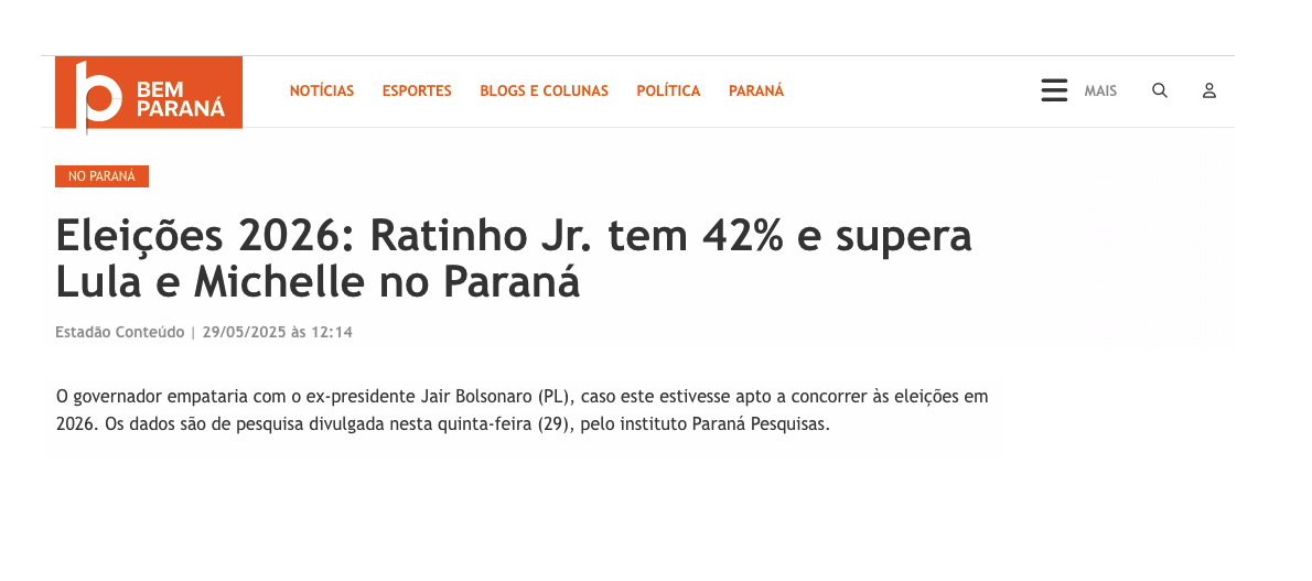 Bem Paraná cita pesquisa realizada pela Paraná Pesquisas no Estado do Paraná.