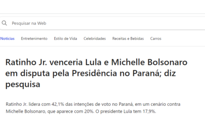 MSN cita pesquisa realizada pela Paraná Pesquisas no Estado do Paraná.