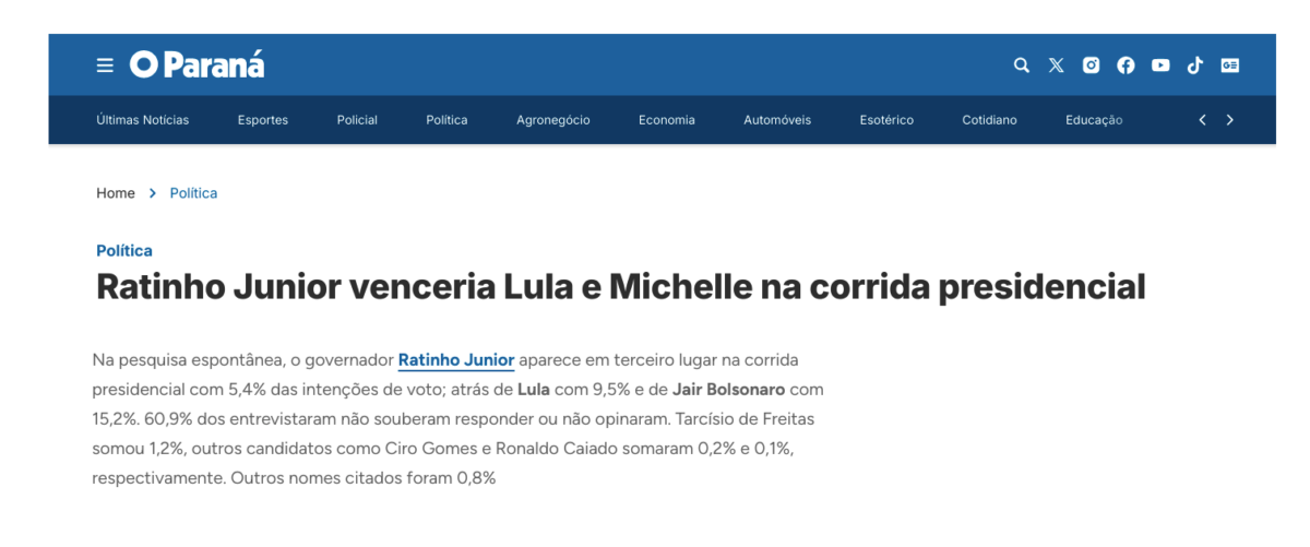 O Paraná cita pesquisa realizada pela Paraná Pesquisas no Estado do Paraná. 2 O Paraná cita pesquisa realizada pela Paraná Pesquisas no Estado do Paraná.