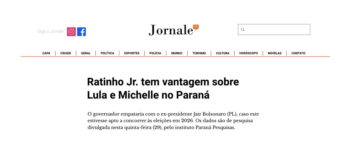 Jornale cita pesquisa realizada pela Paraná Pesquisas no Estado do Paraná.