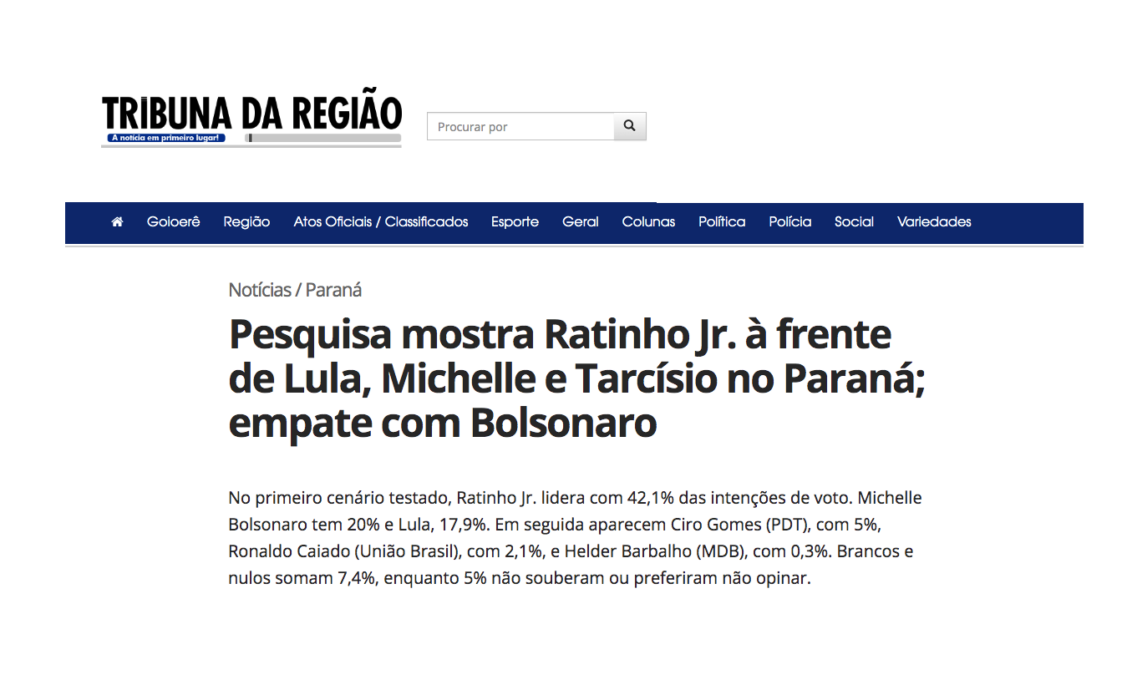 Tribuna da Região cita pesquisa realizada pela Paraná Pesquisas no Estado do Paraná.