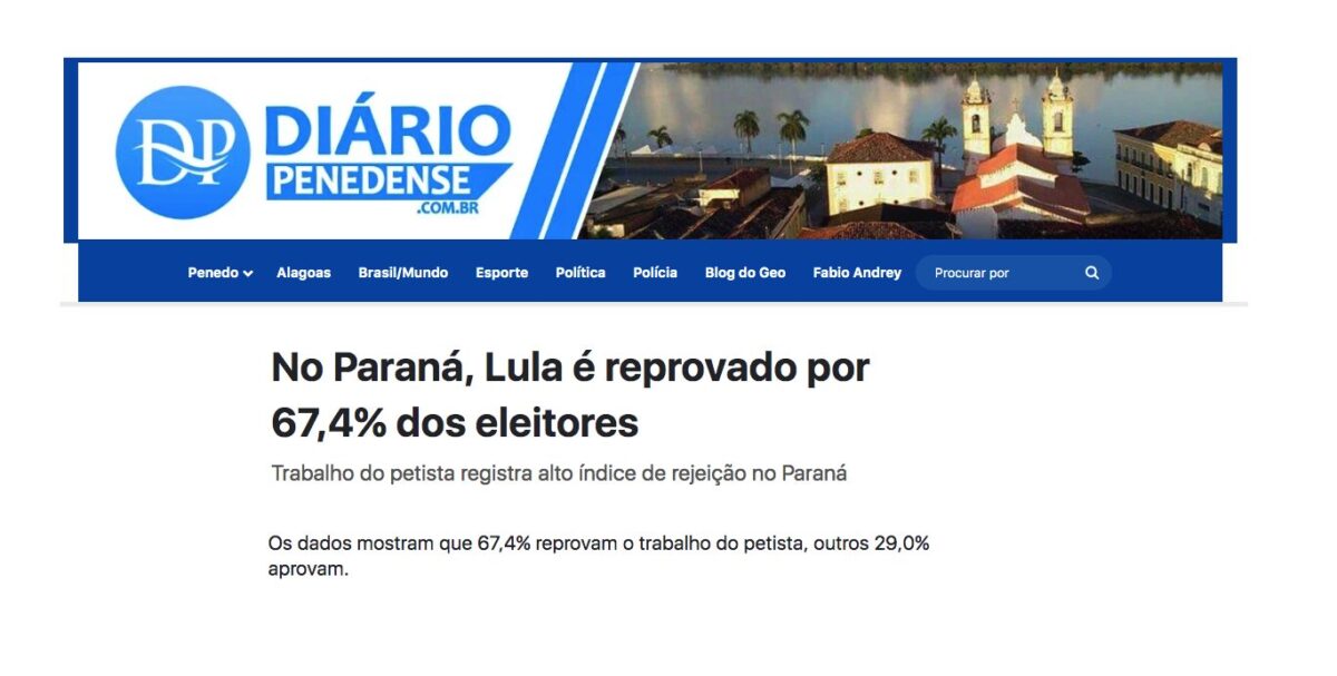 Diário Penedense cita pesquisa realizada pela Paraná Pesquisas no Estado do Paraná.