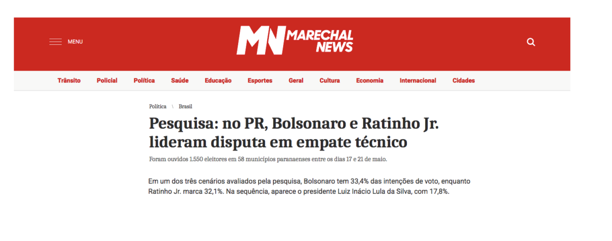 Marechal News cita pesquisa realizada pela Paraná Pesquisas no Estado do Paraná. 2 Marechal News cita pesquisa realizada pela Paraná Pesquisas no Estado do Paraná.