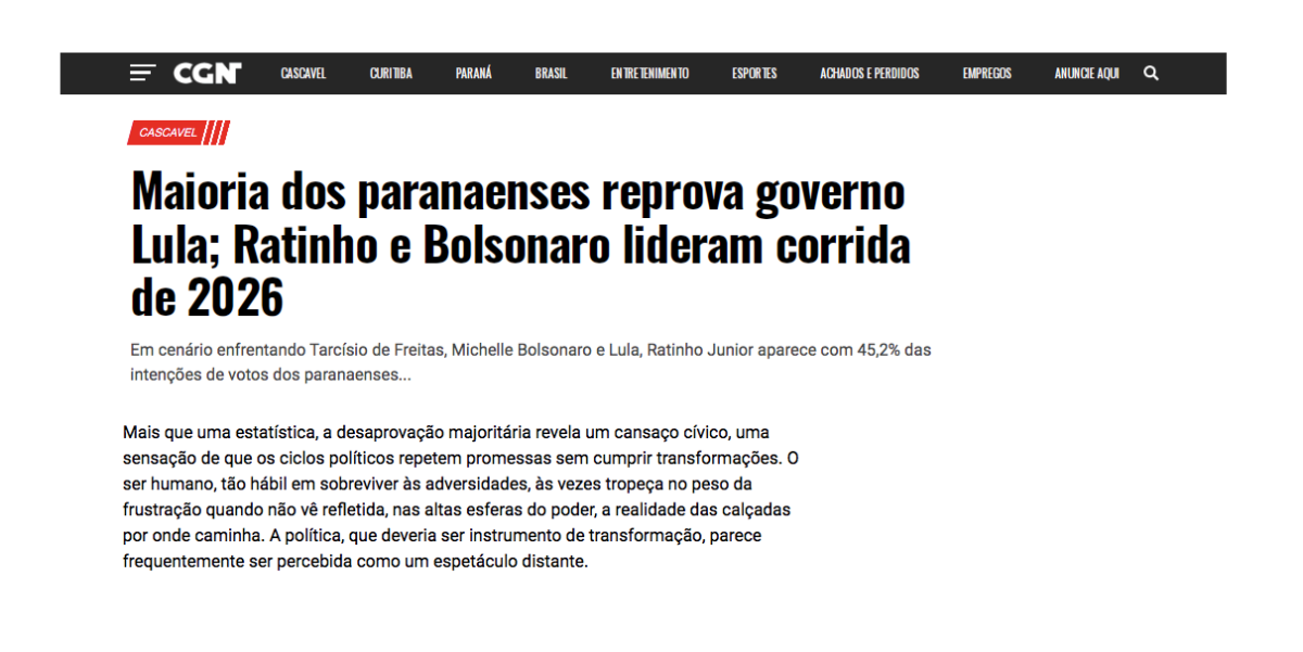 GCN cita pesquisa realizada pela Paraná Pesquisas no Estado do Paraná.