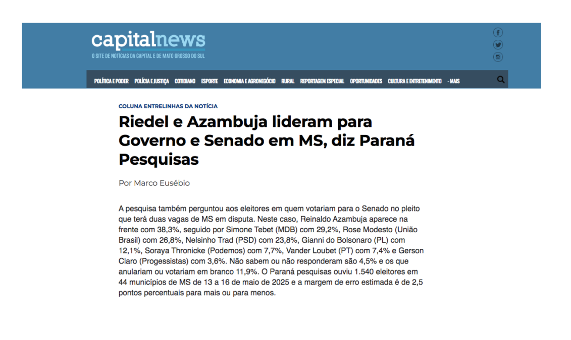 Capital News cita pesquisa realizada pela Paraná Pesquisas no Estado do Mato Grosso. 2 Capital News cita pesquisa realizada pela Paraná Pesquisas no Estado do Mato Grosso.