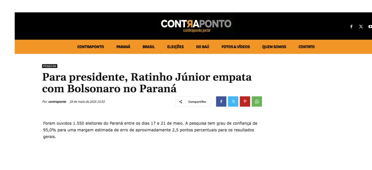Contra Ponto cita pesquisa realizada pela Paraná Pesquisas no Estado do Paraná.