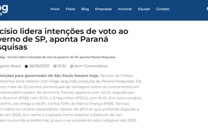 Blog do Toninho cita pesquisa realizada pela Paraná Pesquisas.