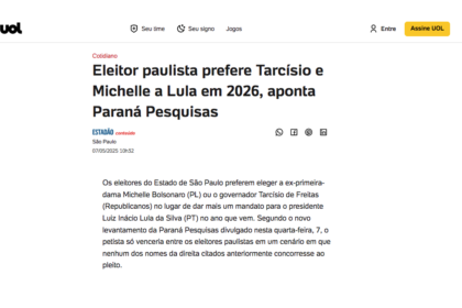 UOL Notícias cita pesquisa realizada pela Paraná Pesquisas no Estado de São Paulo.