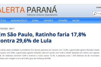 Alerta Paraná cita pesquisa realizada pela Paraná Pesquisas no Estado de São Paulo.
