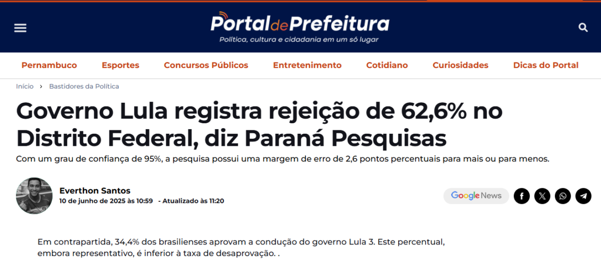 Portal de Prefeitura cita pesquisa realizada pela Paraná Pesquisas no Distrito Federal.
