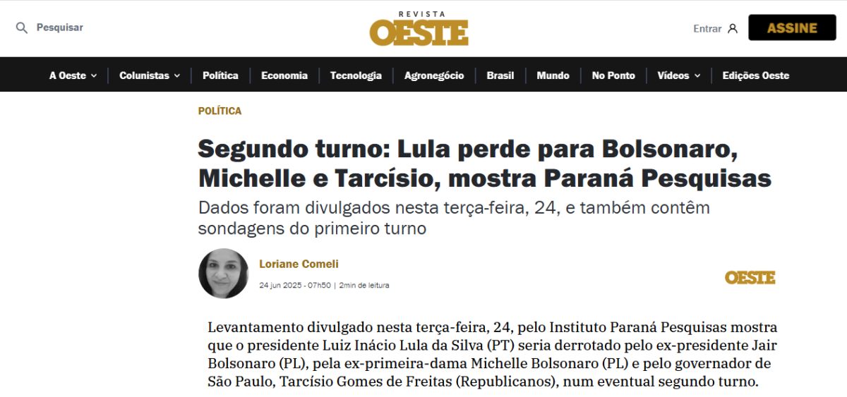 Revista Oeste cita pesquisa realizada pela Paraná Pesquisas.