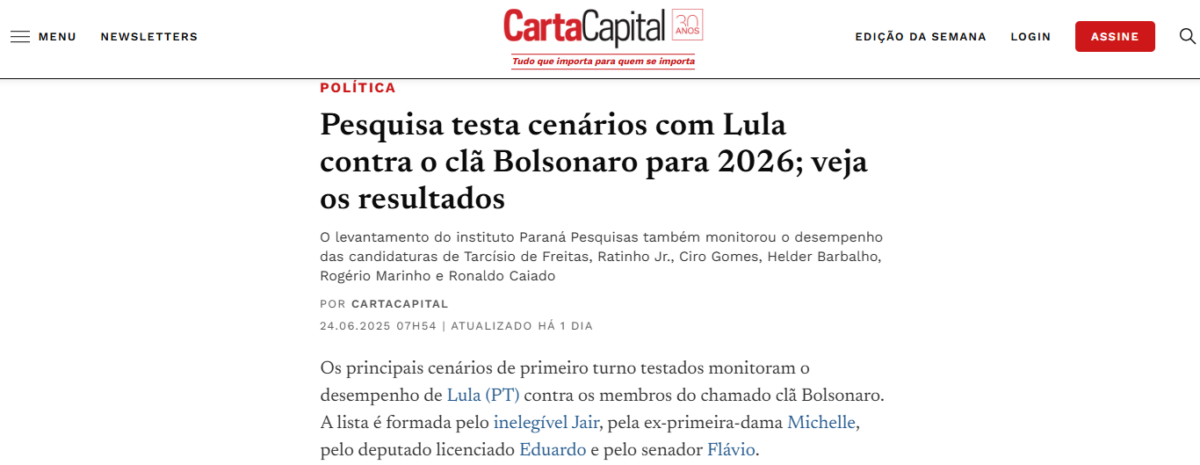 Carta Capital cita pesquisa realizada pela Paraná Pesquisas.